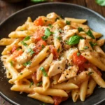 Close-up of a creamy one pot chicken pasta with herbs on a white plate.