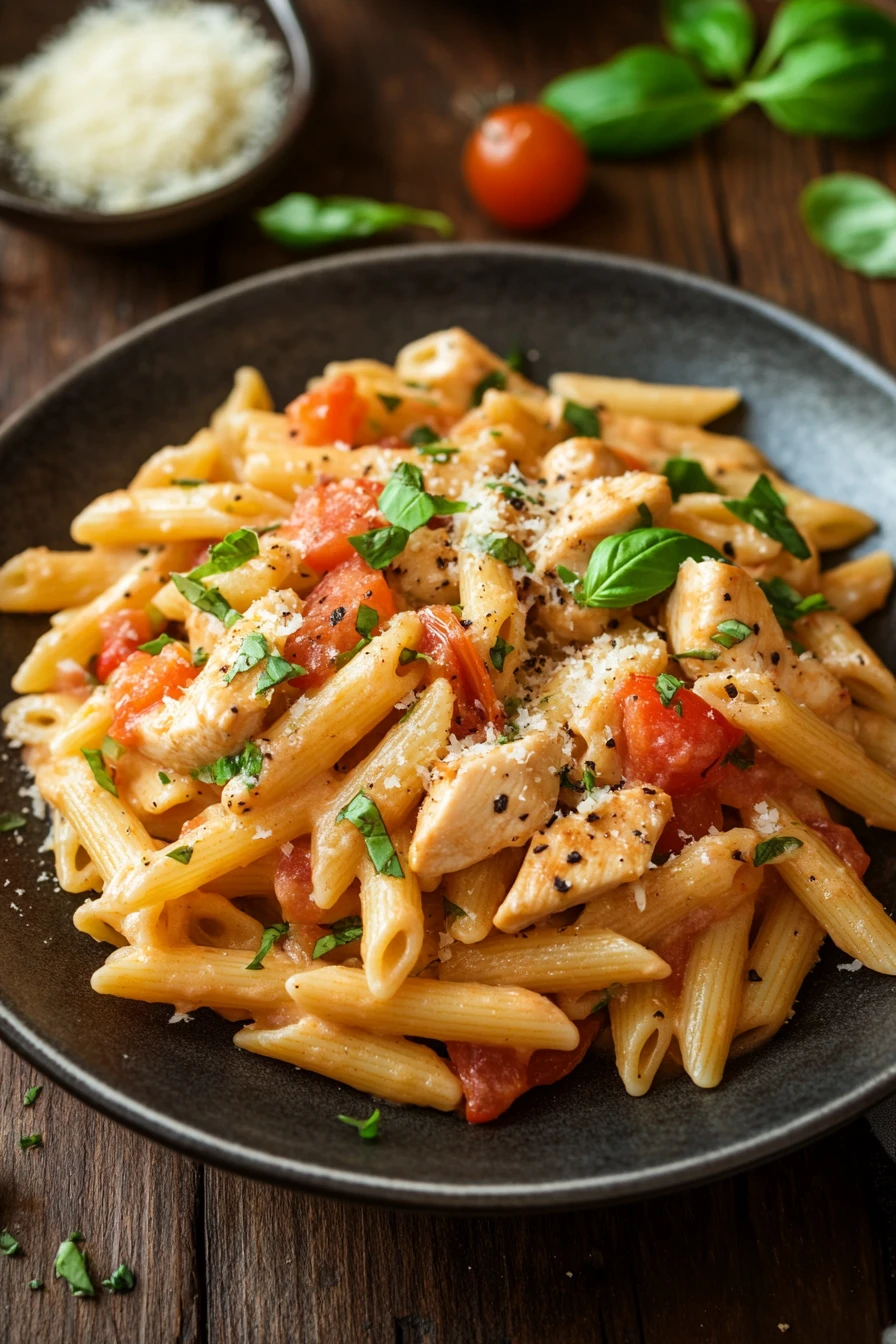 Close-up of a creamy one pot chicken pasta with herbs on a white plate.