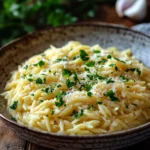 Close-up of creamy one pot orzo with a minimal background and bright lighting