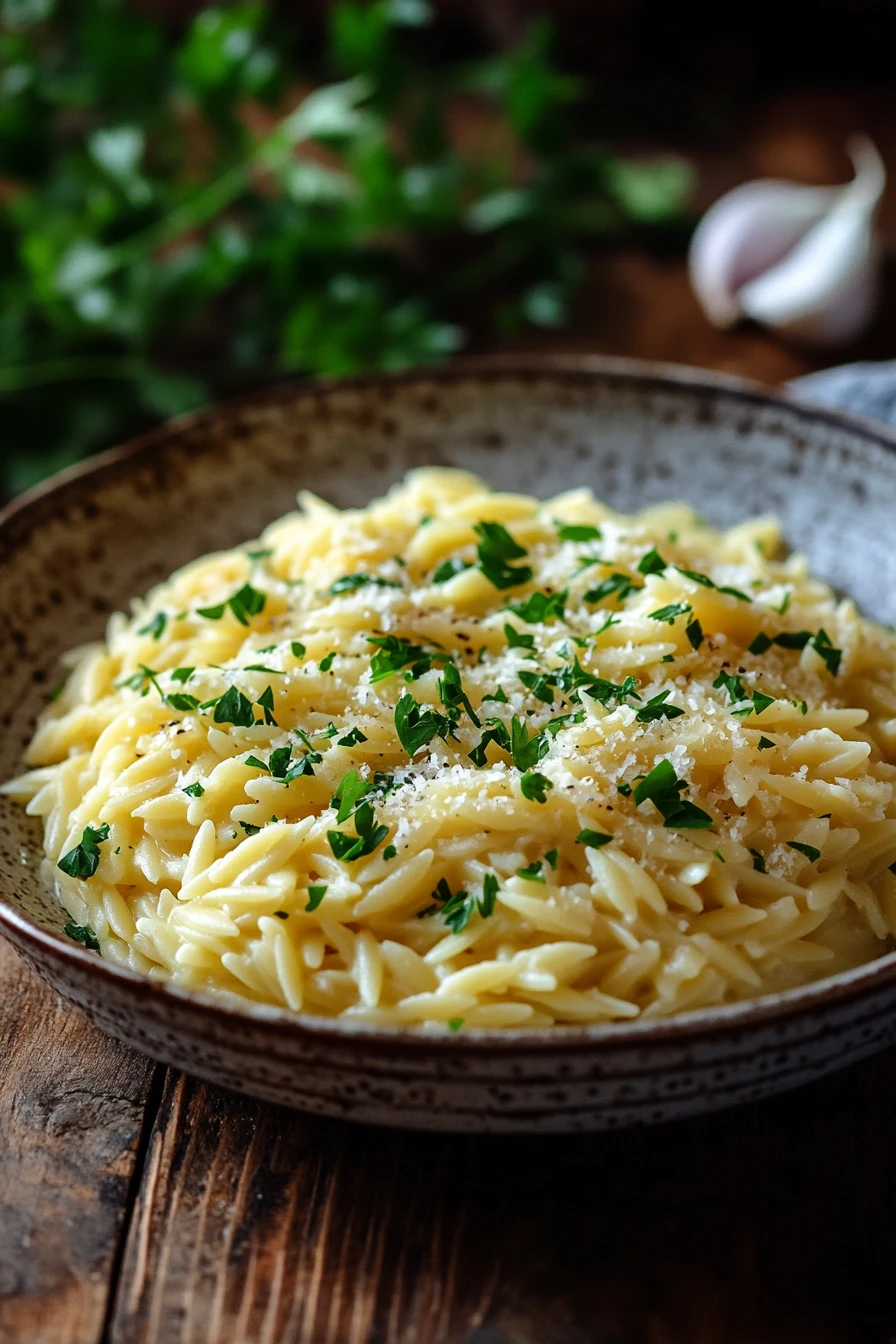 Close-up of creamy one pot orzo with a minimal background and bright lighting
