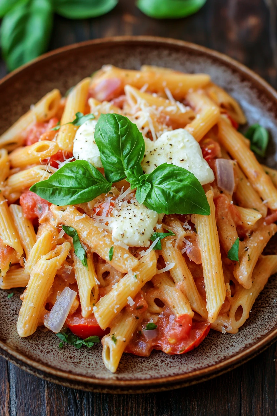 Close-up of creamy one pot pasta in an instant pot with herbs
