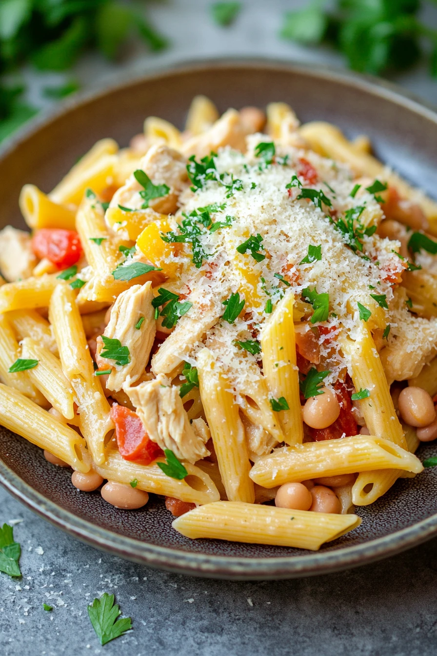 Close-up of creamy one pot protein pasta with herbs and cheese.