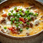 Close-up of creamy crock pot beef queso with a warm, appetizing appearance.