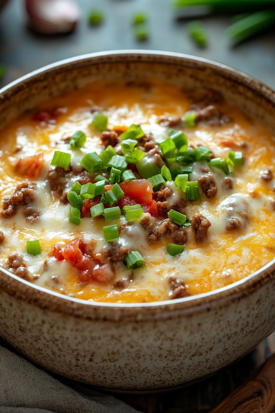 Close-up of creamy crock pot beef queso with a warm, appetizing appearance.