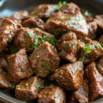 Close-up of crock pot beef with ranch dressing, showcasing tender beef and creamy sauce.