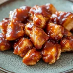 Close-up of crock pot chicken bites with creamy sauce and herbs