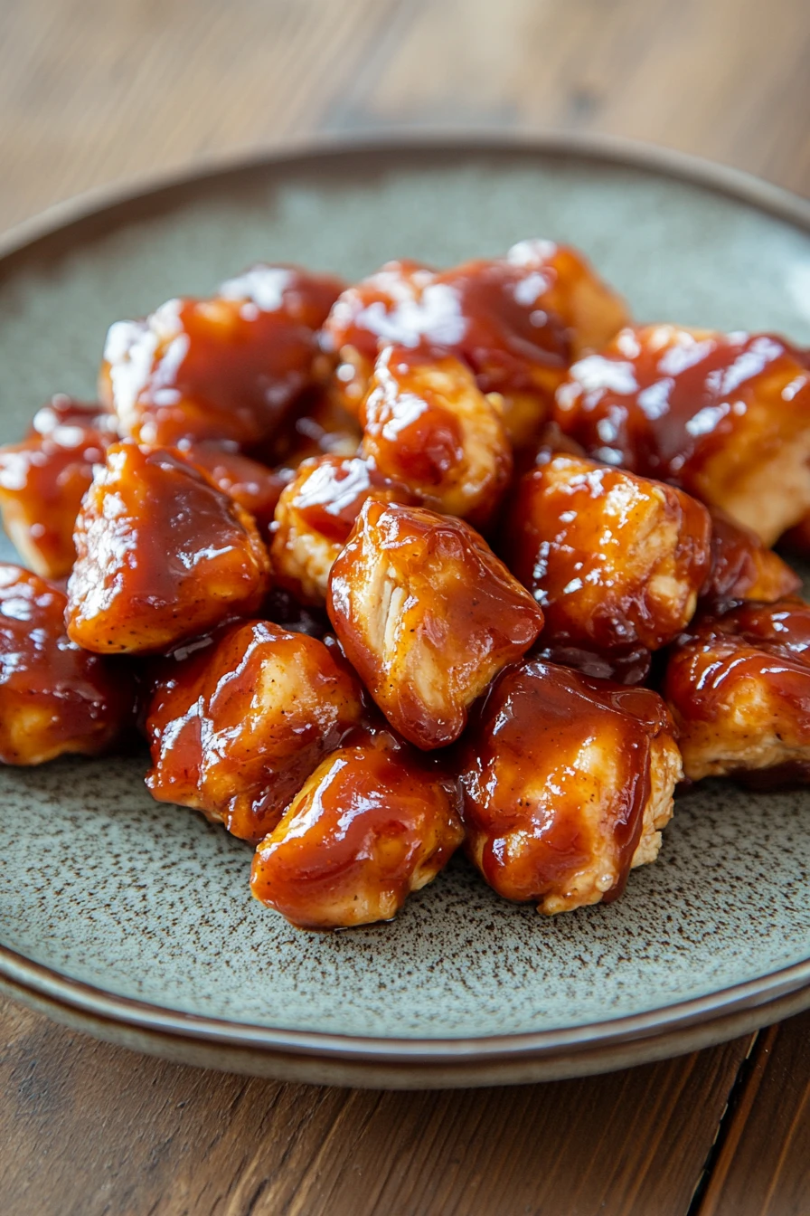 Close-up of crock pot chicken bites with creamy sauce and herbs