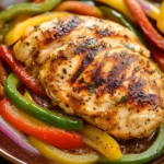 Close-up of crock pot chicken with peppers and onions in a bright, appetizing setting.