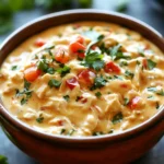Close-up of crock pot chicken queso dip with melted cheese and chicken pieces.