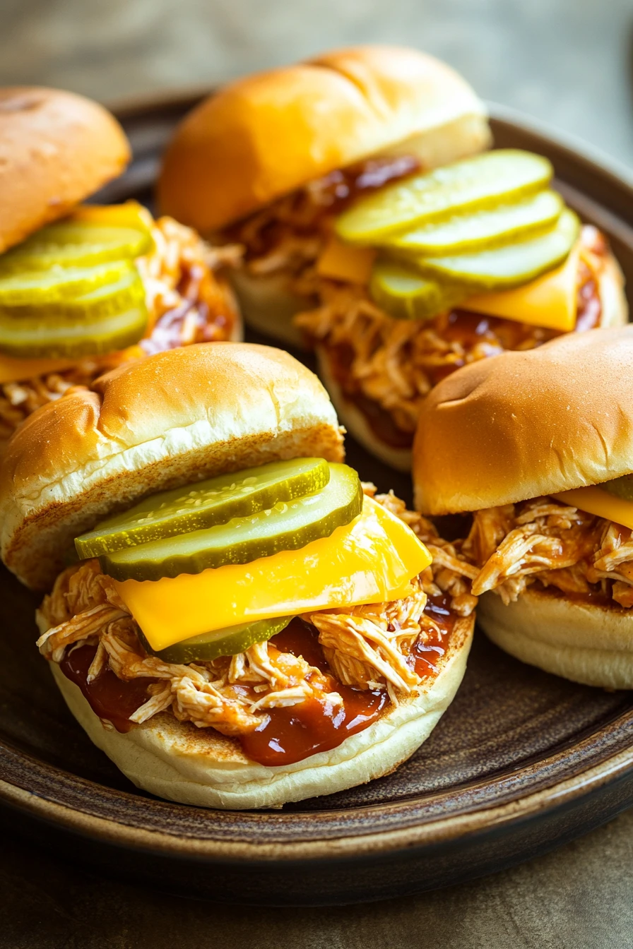 Close-up of a crock pot chicken sandwich with fresh ingredients and a clean background.