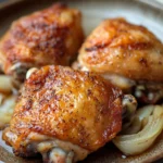 Close-up of crock pot chicken thighs with creamy sauce and herbs