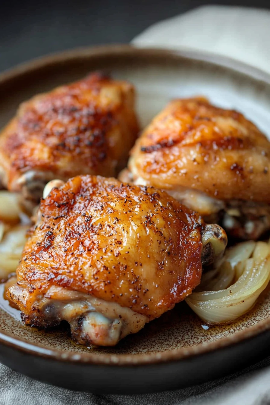 Close-up of crock pot chicken thighs with creamy sauce and herbs