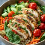 Close-up of a chicken breast bowl with fresh vegetables and grains