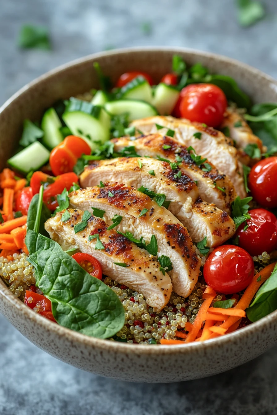 Close-up of a chicken breast bowl with fresh vegetables and grains