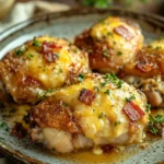 Close-up of a chicken casserole with creamy sauce and herbs in a white dish.