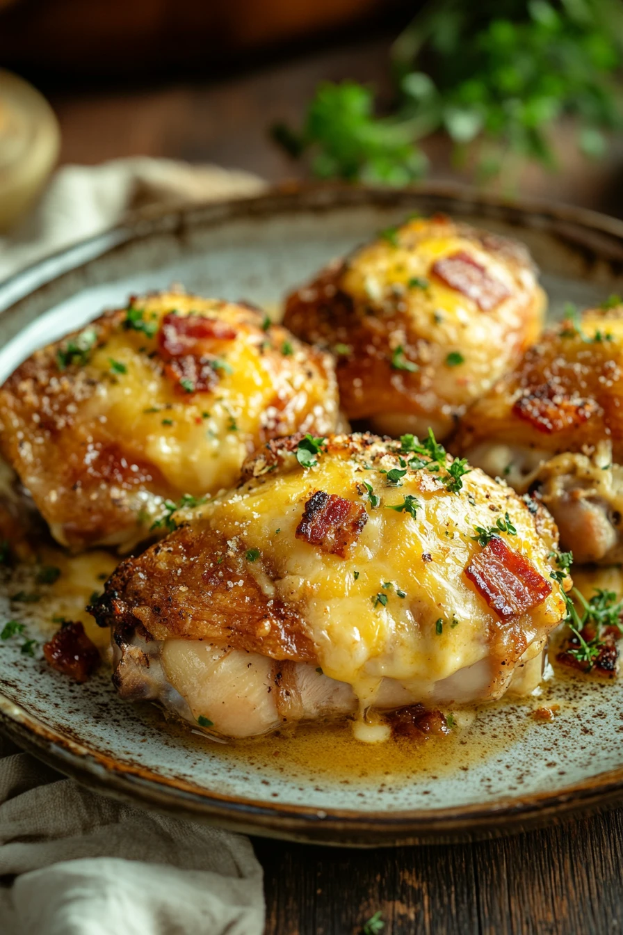 Close-up of a chicken casserole with creamy sauce and herbs in a white dish.