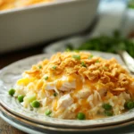 Close-up of a chicken rice casserole with golden cheese topping and herbs
