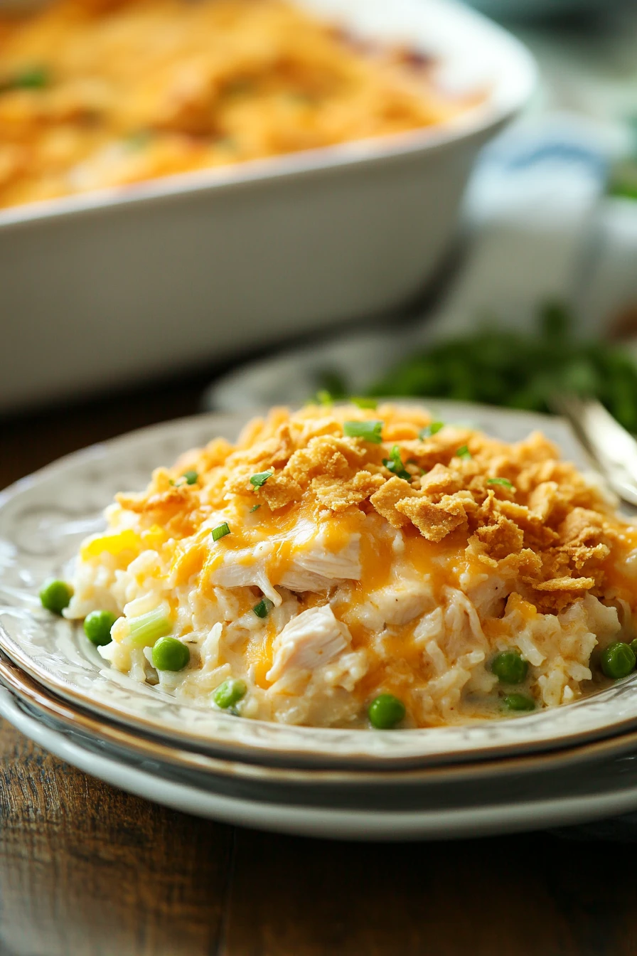 Close-up of a chicken rice casserole with golden cheese topping and herbs