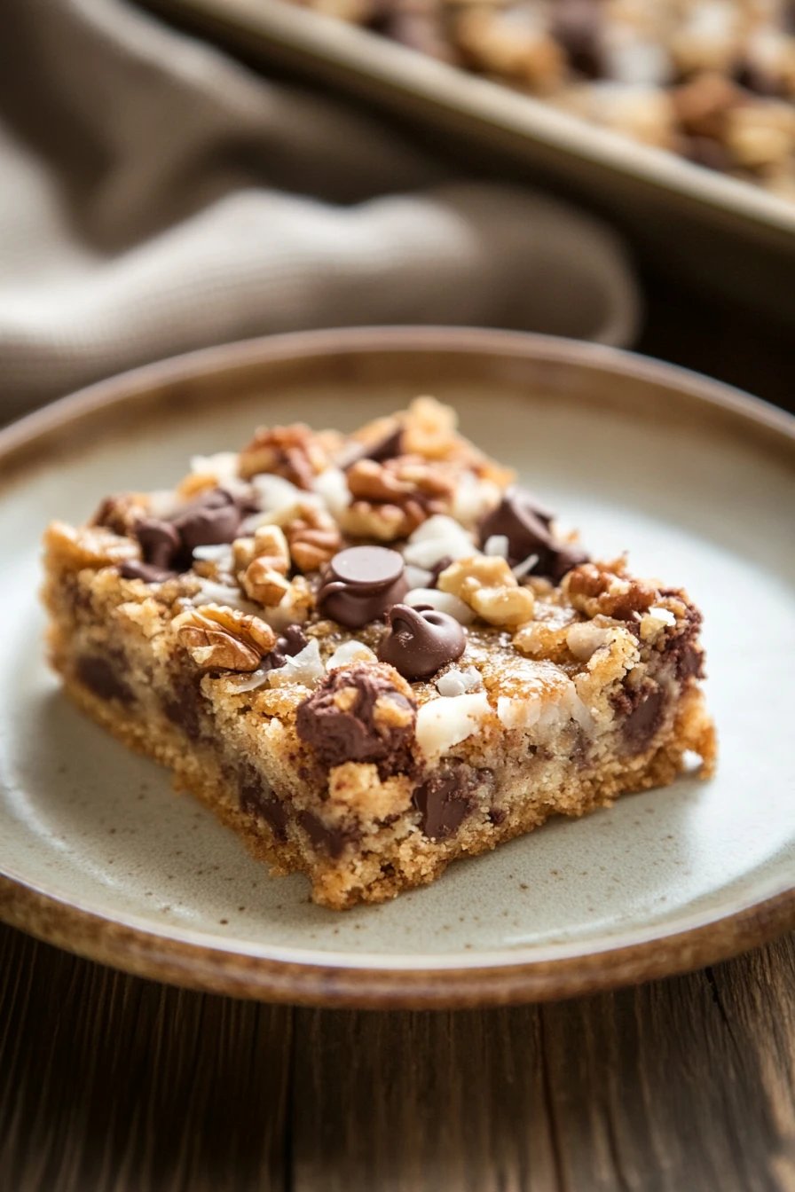 Close-up of a magic cookie bar with layers of chocolate, coconut, and nuts on a clean background.