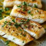 Close-up of a white fish dish with lemon slices and herbs on a clean plate