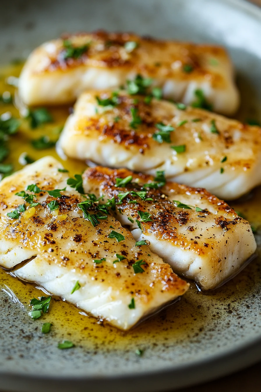 Close-up of a white fish dish with lemon slices and herbs on a clean plate
