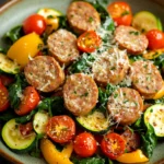 Close-up of a dinner plate with turkey sausage and vegetables in warm lighting