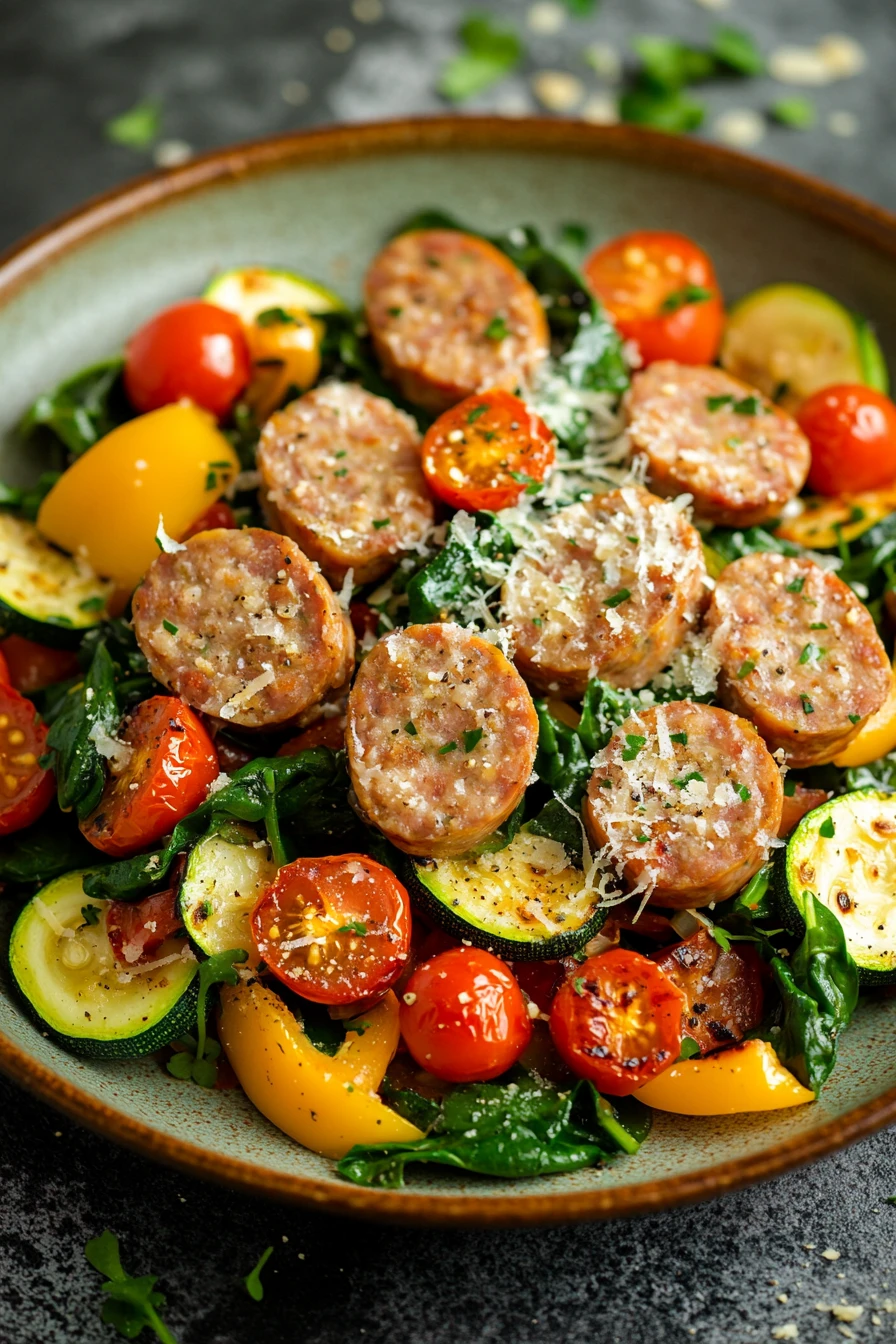Close-up of a dinner plate with turkey sausage and vegetables in warm lighting