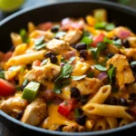 Close-up of creamy fiesta chicken pasta skillet with visible chicken pieces and sauce.