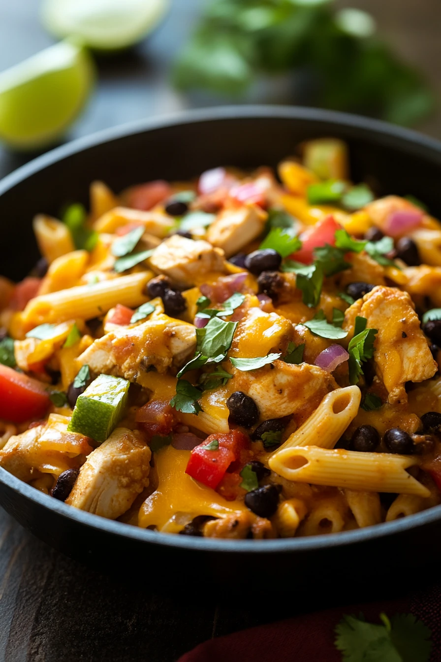 Close-up of creamy fiesta chicken pasta skillet with visible chicken pieces and sauce.