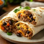 Close-up of a beef and rice burrito with a golden tortilla wrap.