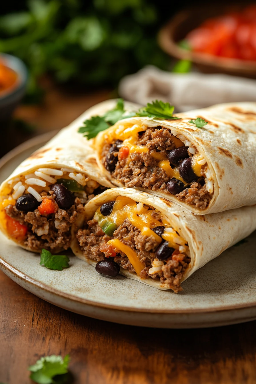 Close-up of a beef and rice burrito with a golden tortilla wrap.