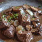Close-up of freezer beef tips and gravy with a rich, hearty sauce