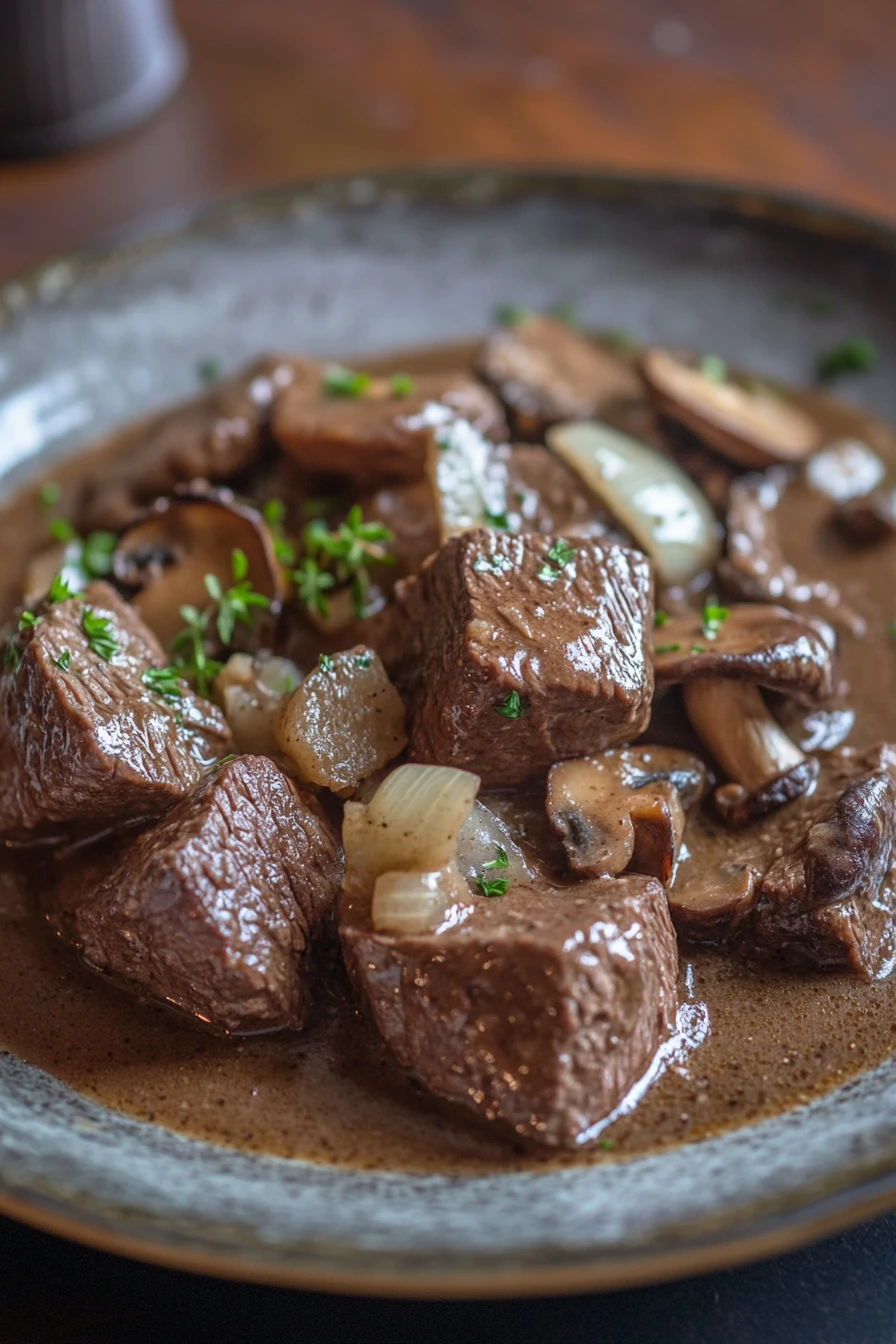 Close-up of freezer beef tips and gravy with a rich, hearty sauce