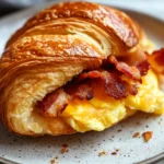 Close-up of a croissant breakfast sandwich with egg and cheese on a white plate