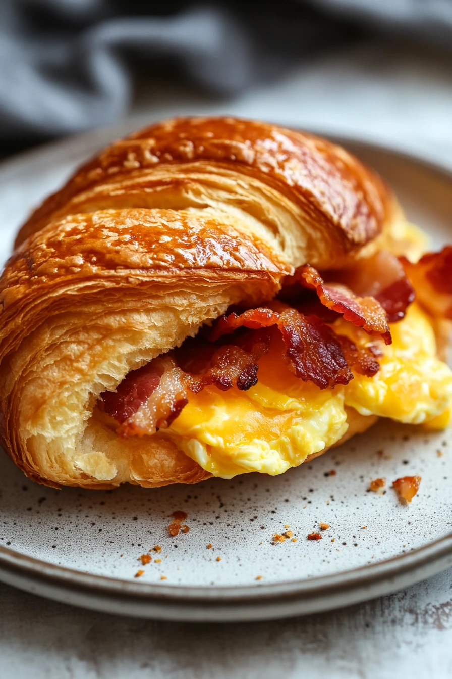 Close-up of a croissant breakfast sandwich with egg and cheese on a white plate