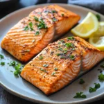 Close-up of frozen salmon cooked in an air fryer with a crispy texture.