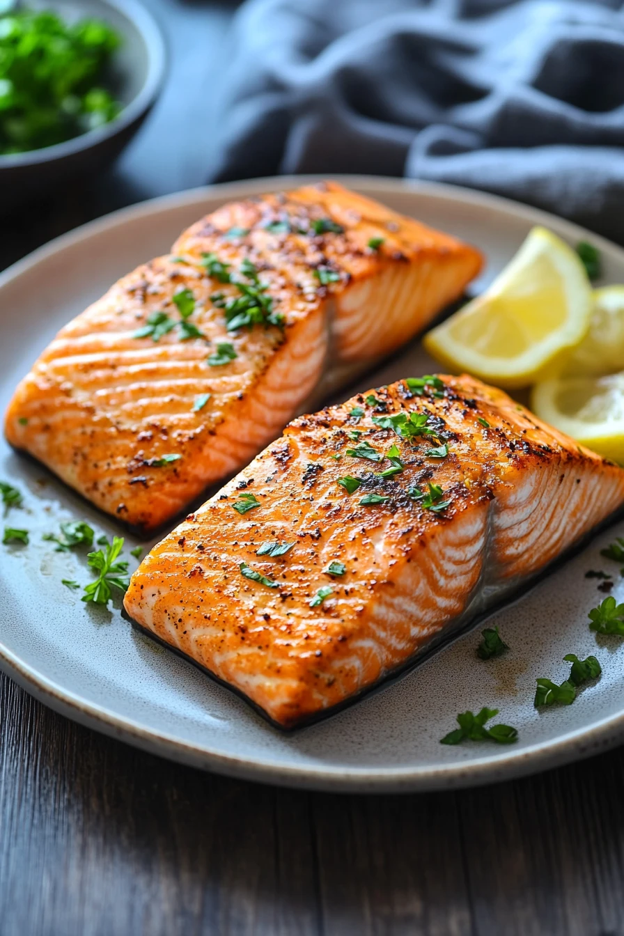 Close-up of frozen salmon cooked in an air fryer with a crispy texture.