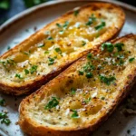 Close-up of garlic bread slices with golden crust and garlic seasoning