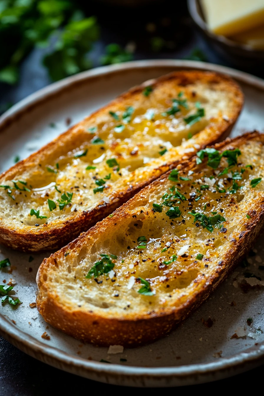 Close-up of garlic bread slices with golden crust and garlic seasoning