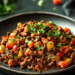 Close-up of a gluten free ground beef dish with vibrant colors and textures