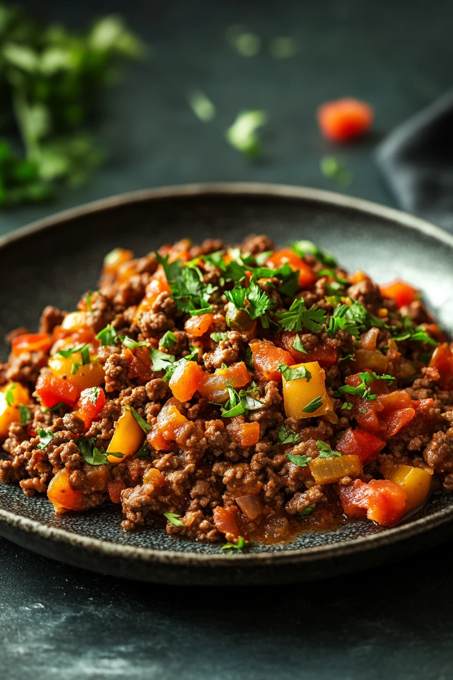 Close-up of a gluten free ground beef dish with vibrant colors and textures