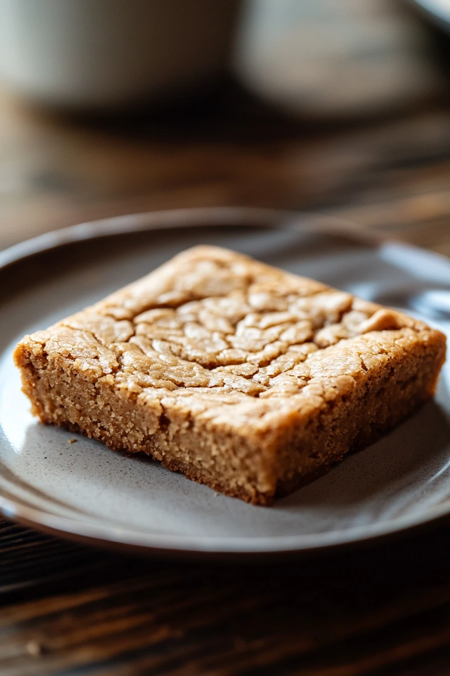 Close-up of gluten free peanut butter cookie bar with a golden crust and rich texture