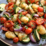 Close-up of a vegan gnocchi sheet pan dinner with roasted vegetables