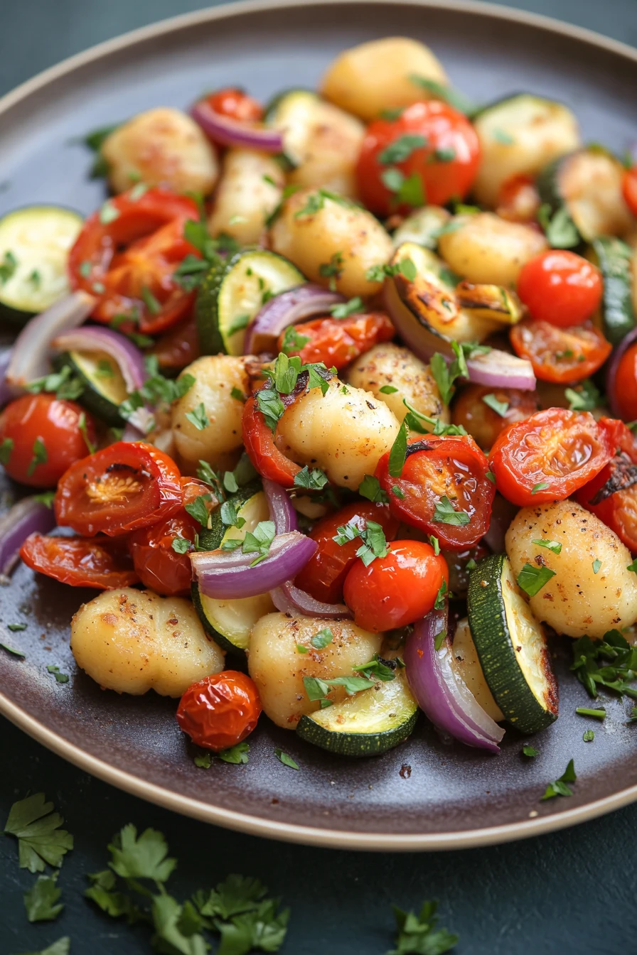 Close-up of a vegan gnocchi sheet pan dinner with roasted vegetables