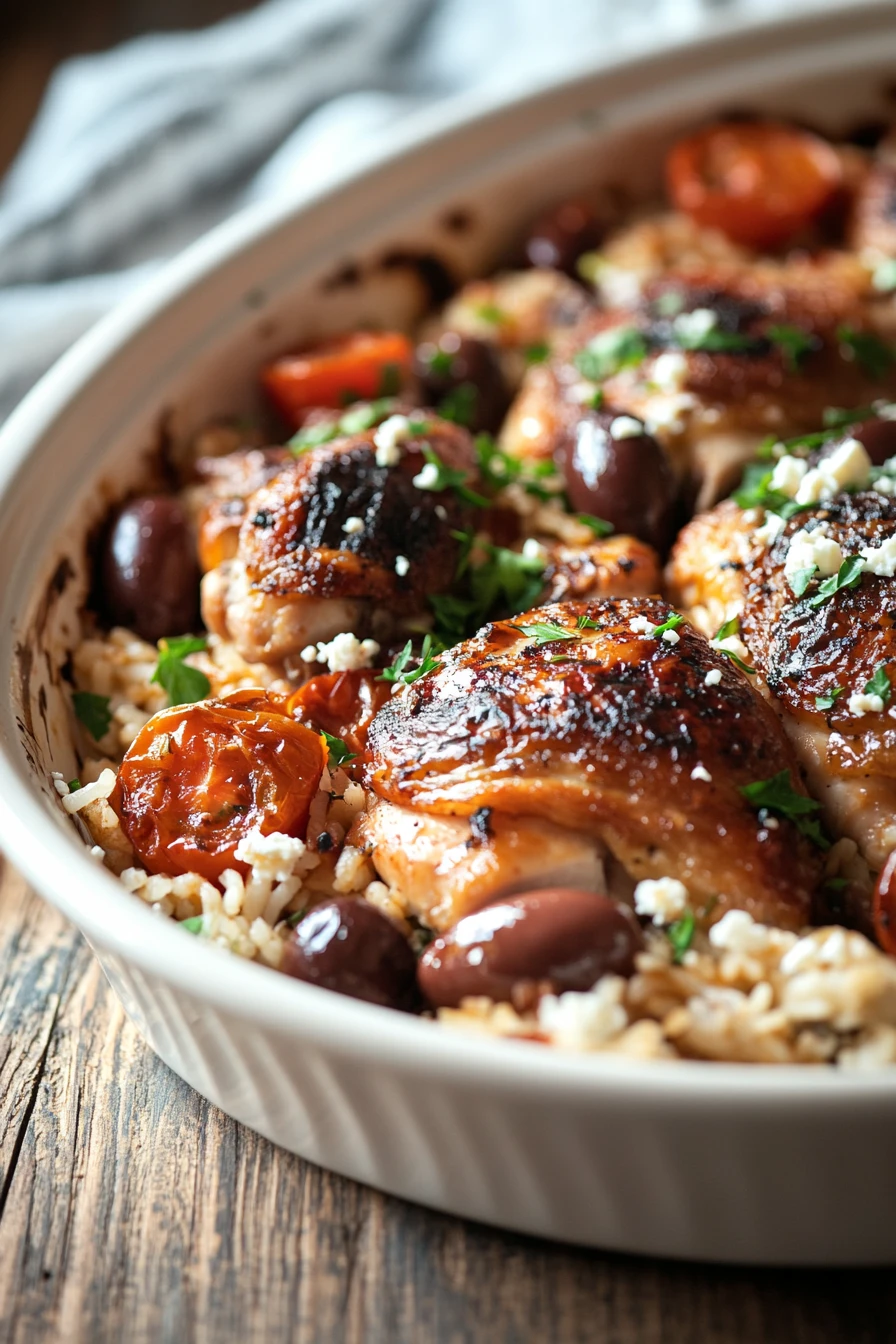 Close-up of a Greek chicken rice casserole with golden crust and herbs
