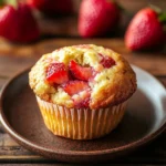 Close-up of greek yogurt strawberry muffin with a golden brown top and fresh strawberries