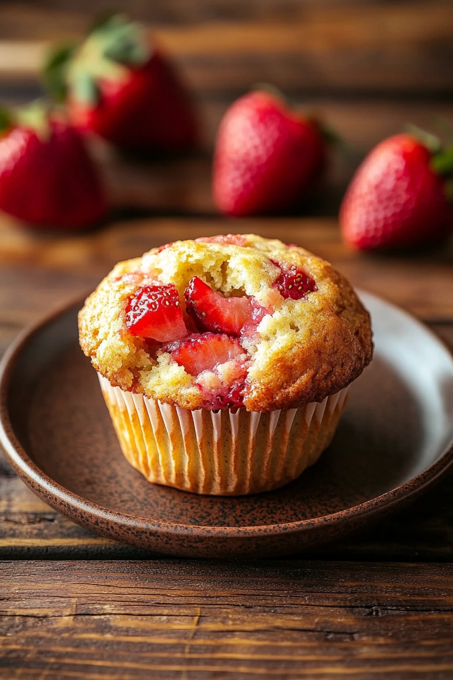 Close-up of greek yogurt strawberry muffin with a golden brown top and fresh strawberries