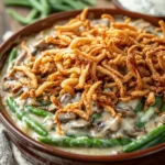 Close-up of a green bean casserole with crispy topping, perfect for a freezer meal.
