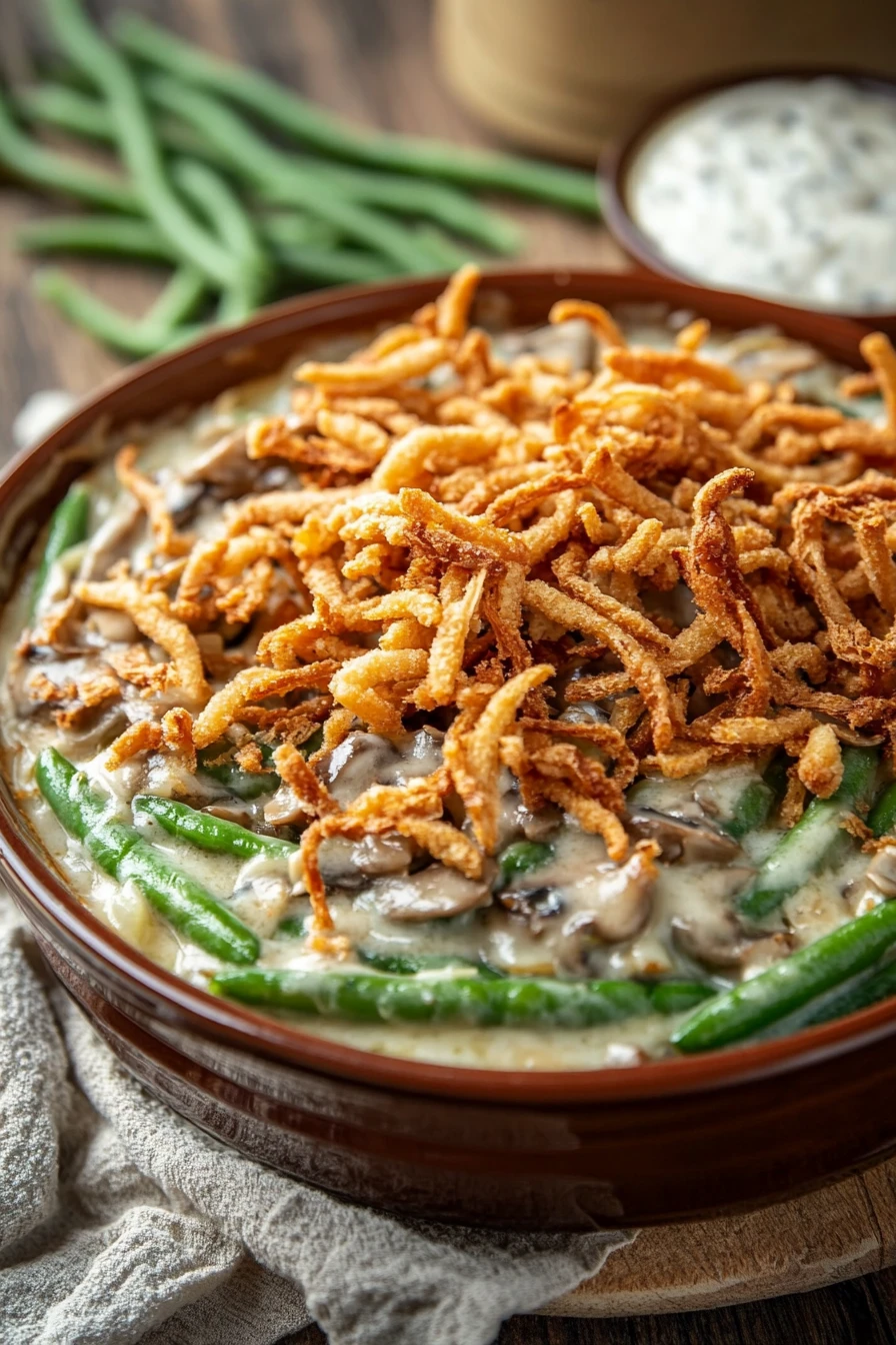 Close-up of a green bean casserole with crispy topping, perfect for a freezer meal.
