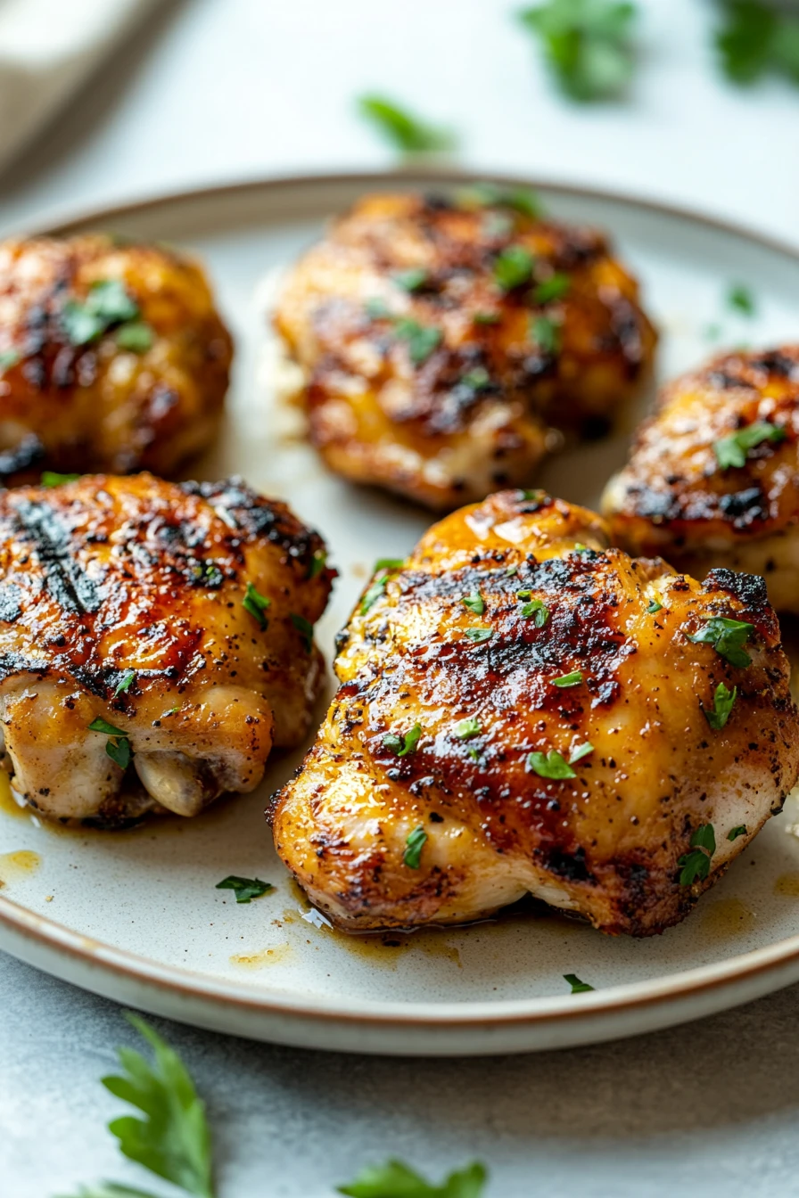 Close-up of grilled chicken thighs with crispy skin and char marks, perfect for air frying.